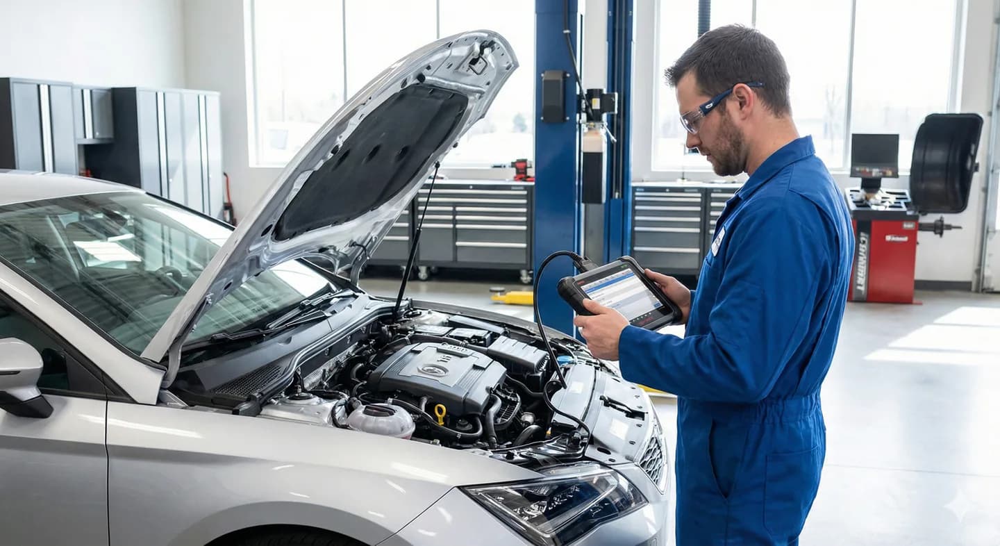 Illustrative Fahrzeugdiagnose bei geöffneter Motorhaube