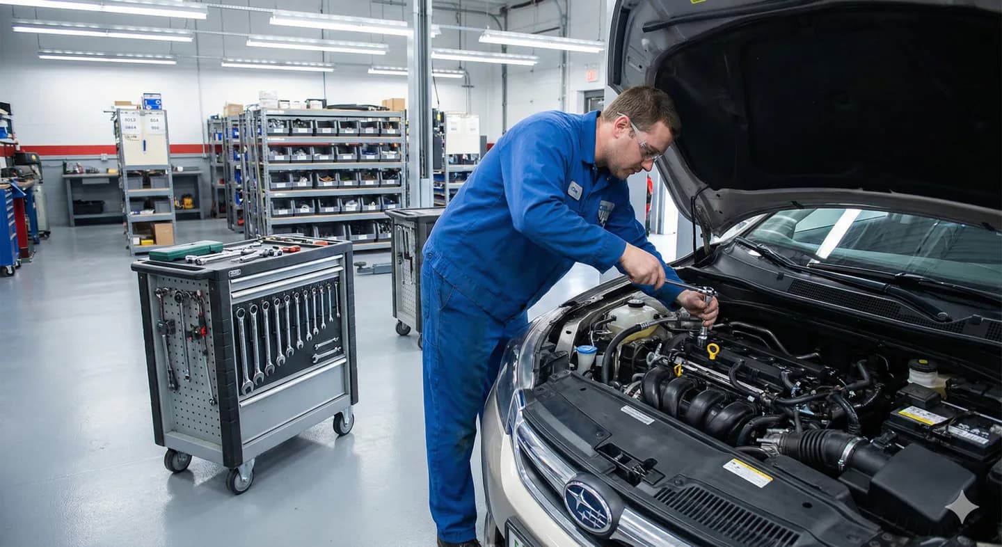 Illustrative Arbeit am Motorraum eines Fahrzeugs