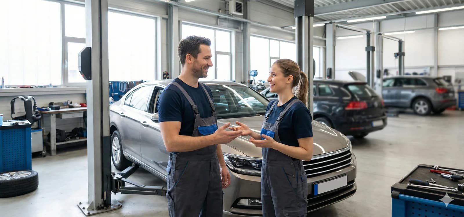 Illustrative Werkstattszene mit zwei Personen vor einem Fahrzeug